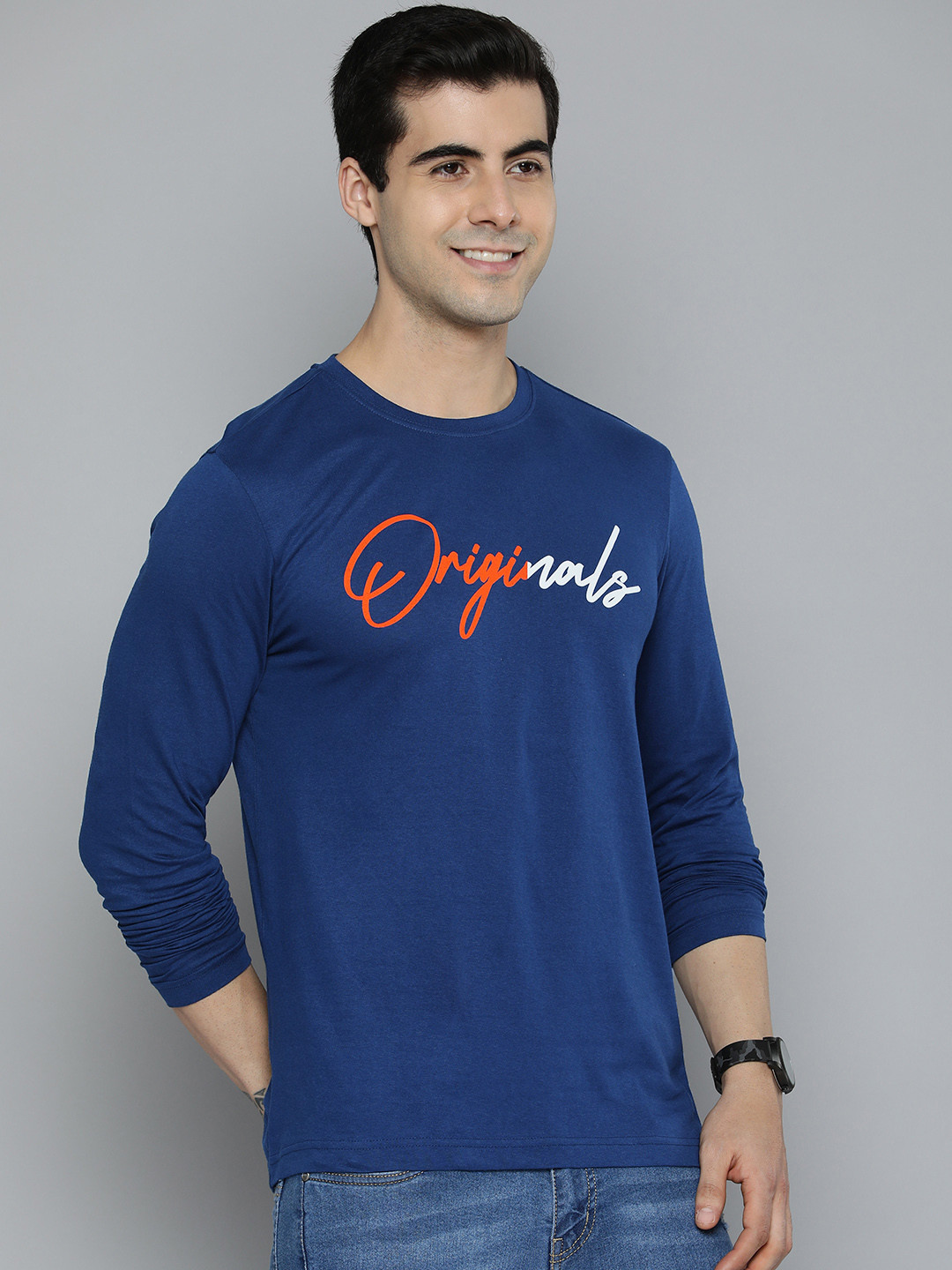 

HERE&NOW Men Navy Blue & White Typography Printed Pure Cotton T-shirt