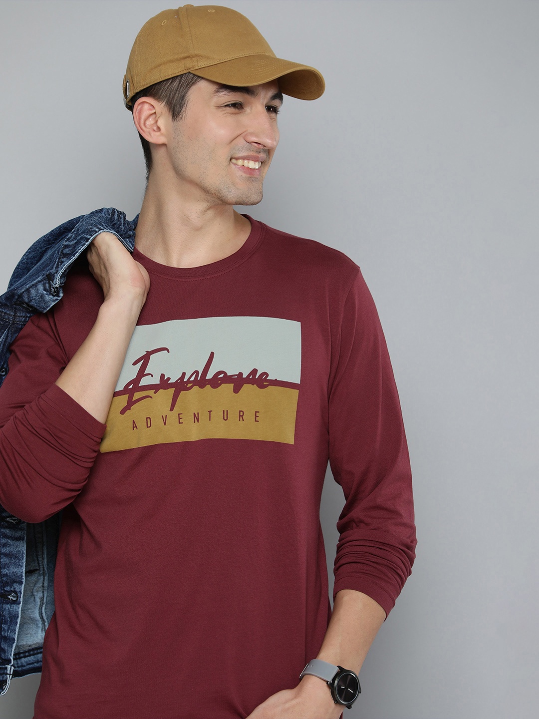 

HERE&NOW Men Maroon & Grey Typography Printed Pure Cotton T-shirt