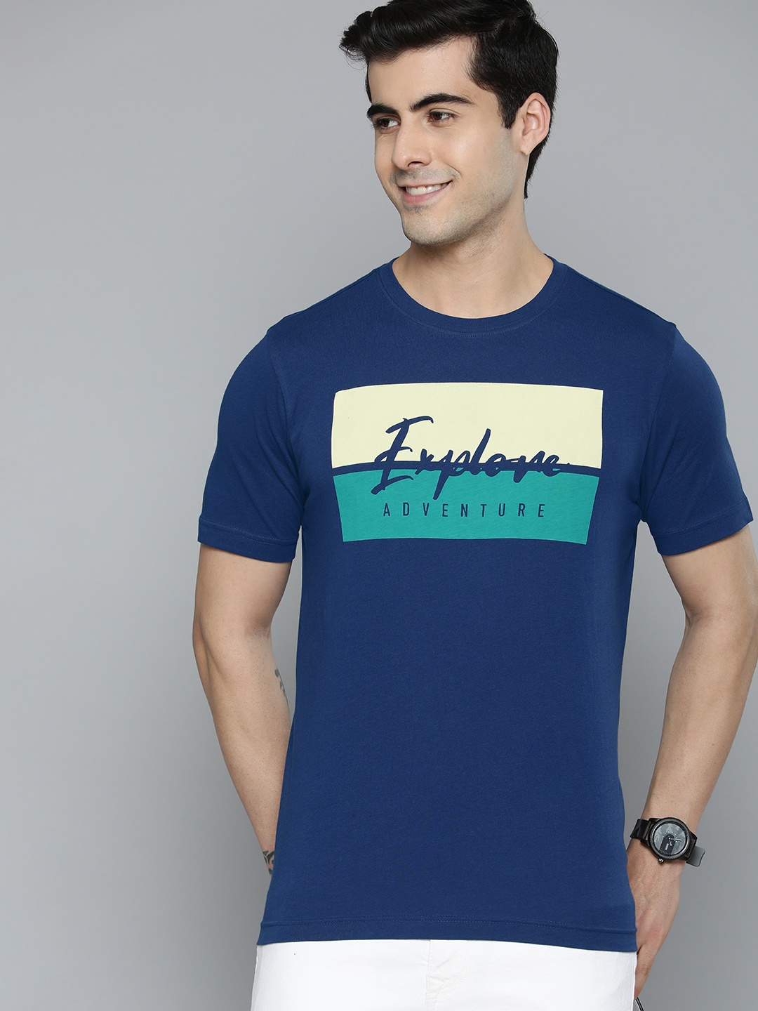 

HERE&NOW Men Navy Blue & Yellow Typography Printed Pure Cotton T-shirt