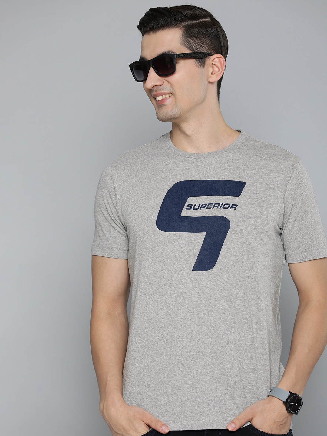 

HERE&NOW Men Grey Melange & Navy Blue Typography Printed Pure Cotton T-shirt
