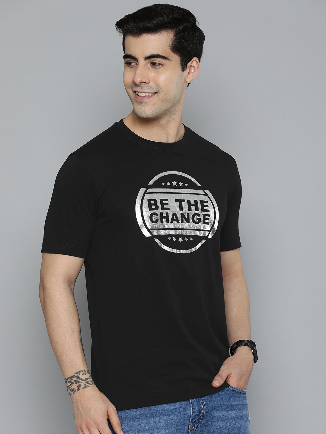 

HERE&NOW Men Black & White Typography Printed Pure Cotton T-shirt