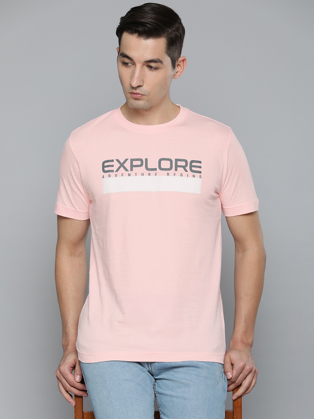 

HERE&NOW Men Pink & Charcoal Typography Printed Pure Cotton T-shirt