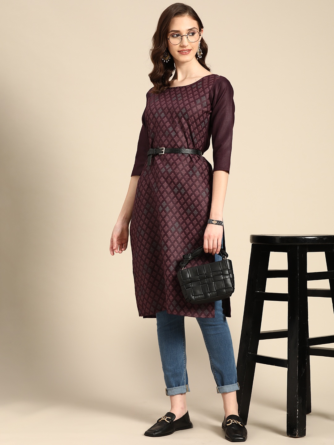 

Sangria Women Purple & Grey Ethnic Motifs Printed Kurta
