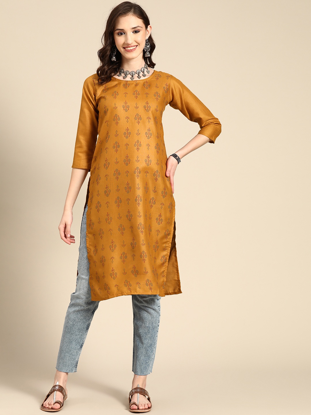 

Sangria Women Mustard Yellow Floral Printed Kurta