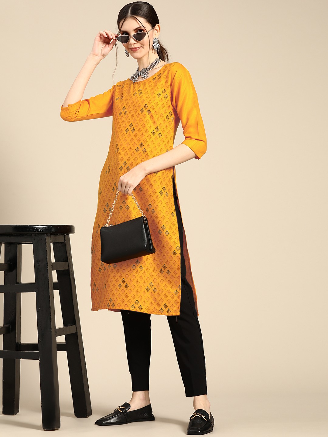 

Sangria Women Mustard Yellow & Yellow Ethnic Motifs Printed Kurta