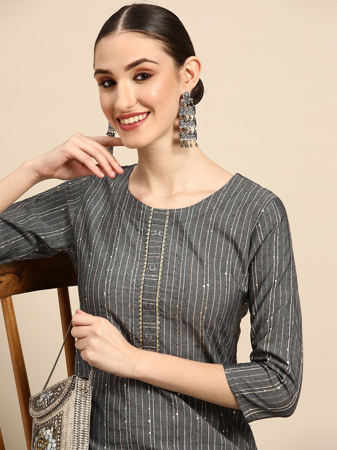 

Sangria Women Grey Striped Gotta Patti Kurta