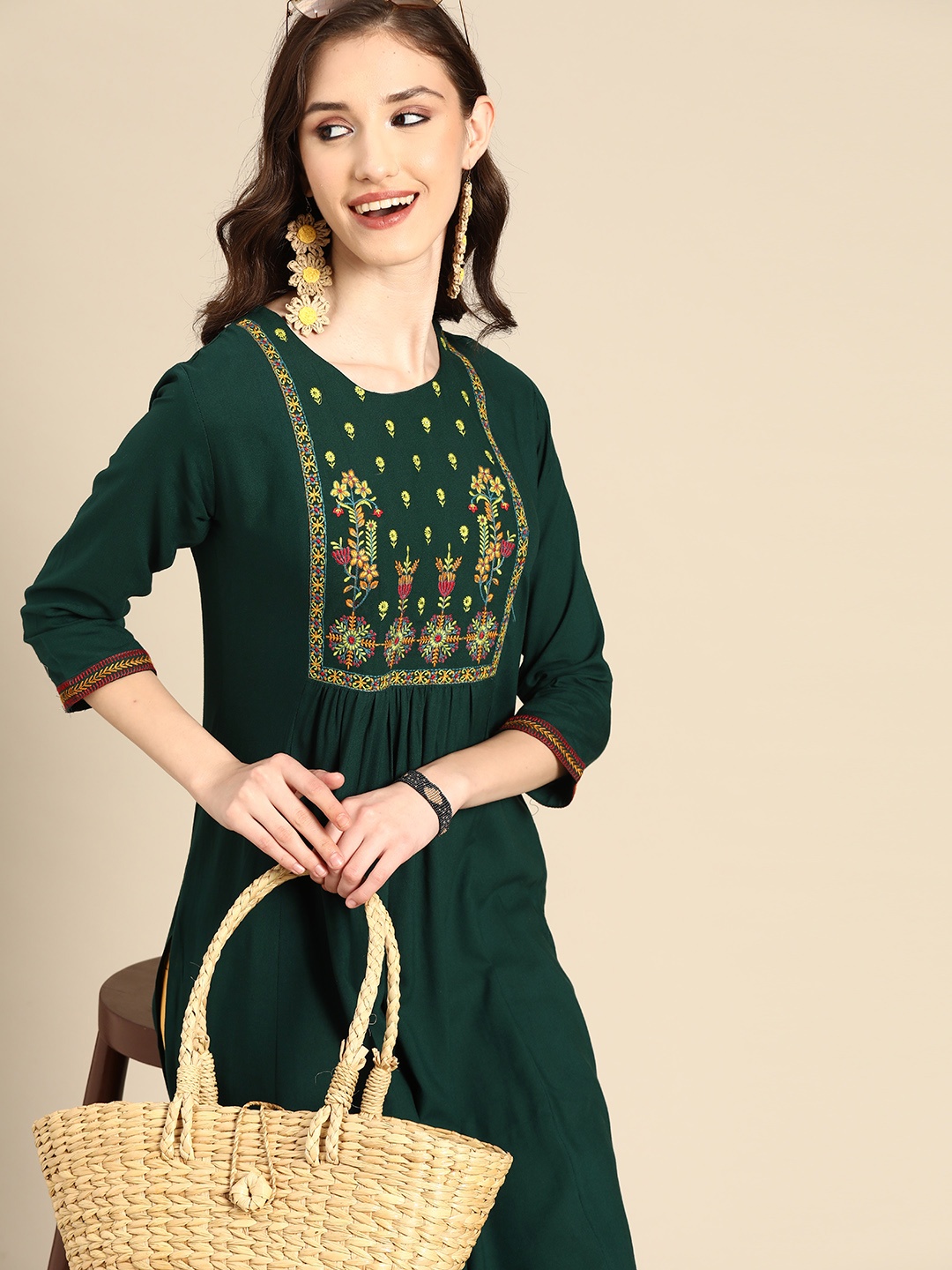 Sangria Women Green Floral Yoke Design Kurta