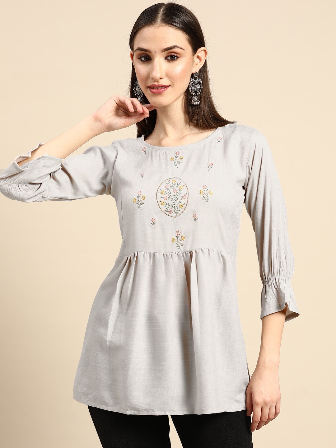 

Sangria Grey Floral Embroidered Bishop Sleeves Longline Top