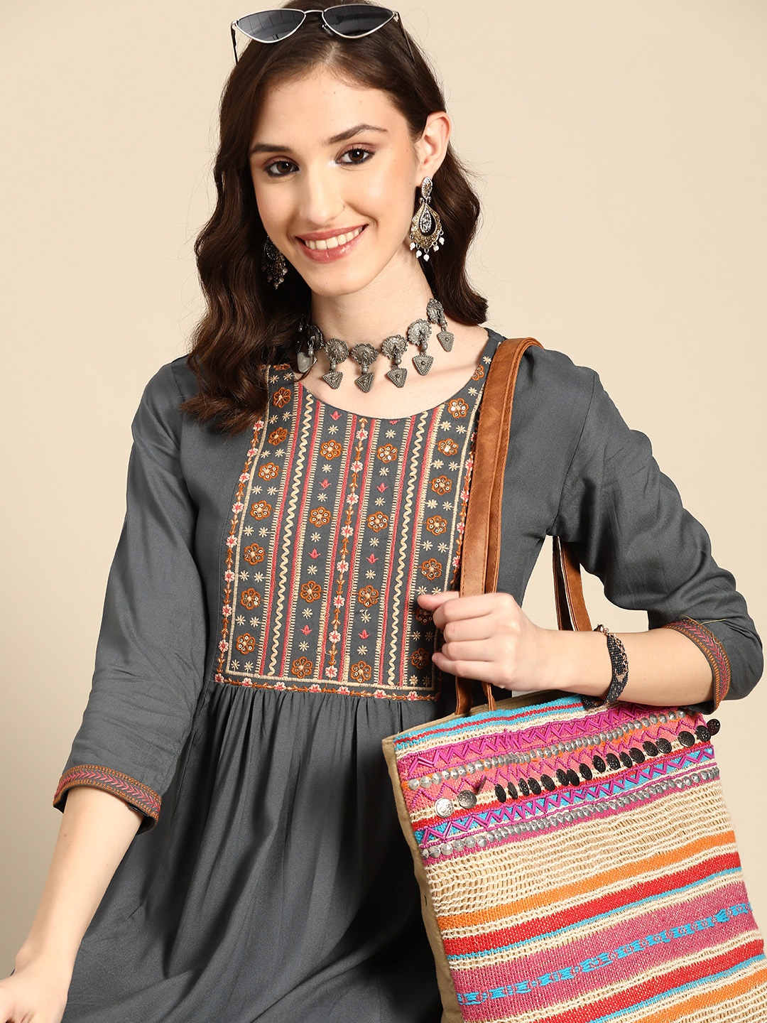 Sangria Women Grey & Orange Floral Embroidered Thread Work Kurta