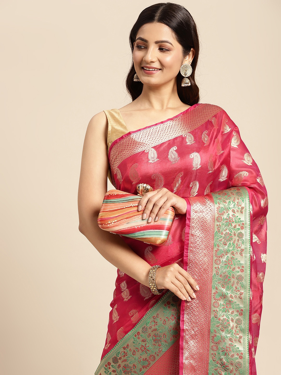 

Mitera Red & Green Paisley Zari Organza Kanjeevaram Saree