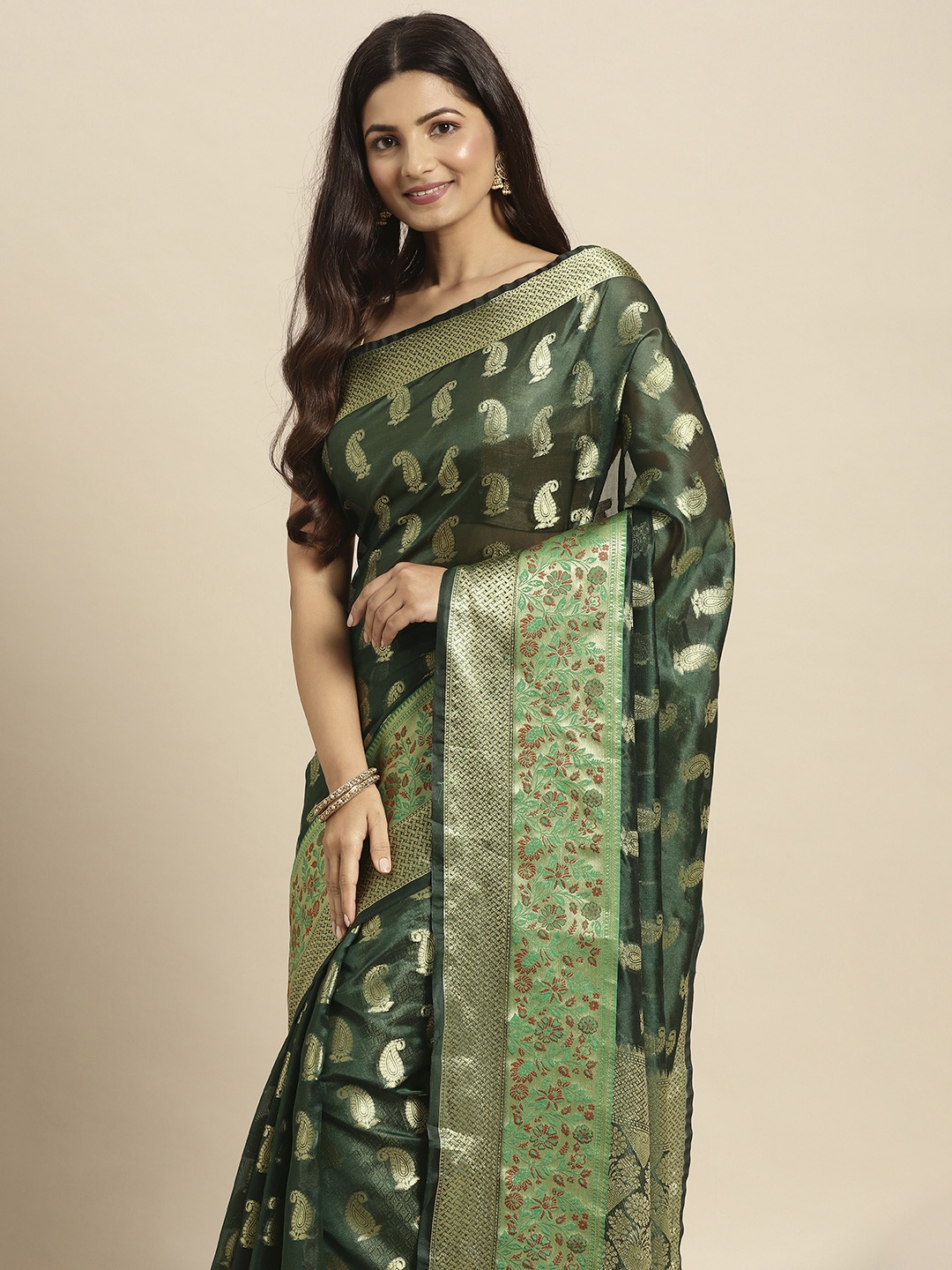 

Mitera Green & Golden Paisley Zari Organza Kanjeevaram Saree