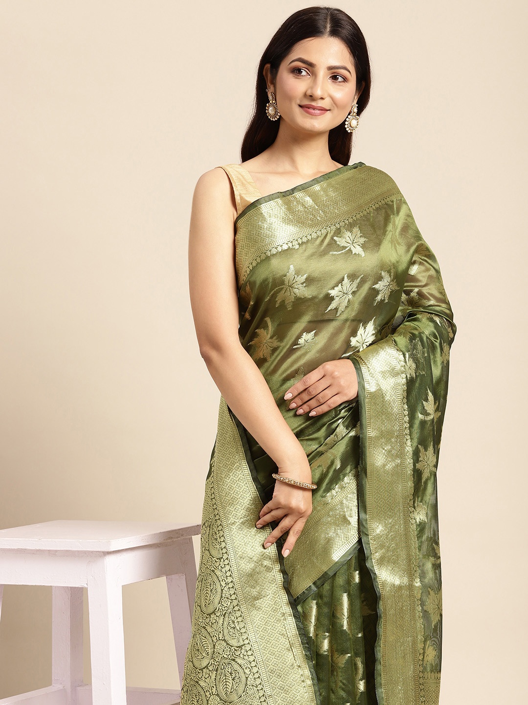

Mitera Olive Green & Golden Ethnic Motifs Zari Organza Kanjeevaram Saree