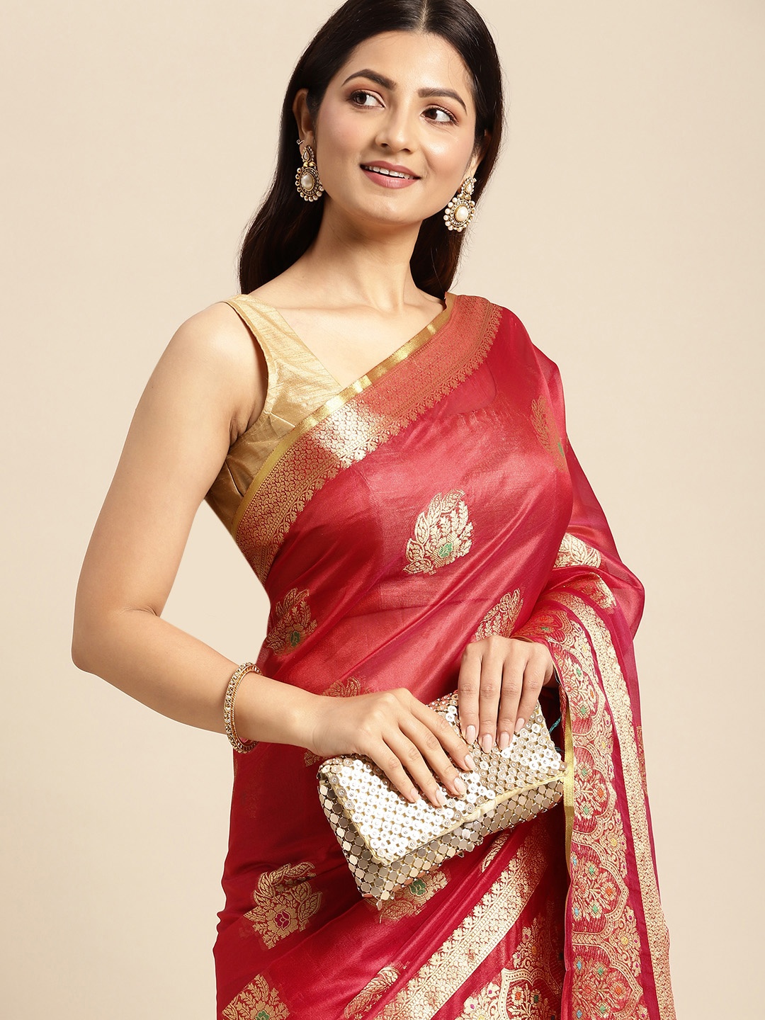 

Mitera Red & Golden Ethnic Motifs Zari Organza Kanjeevaram Saree