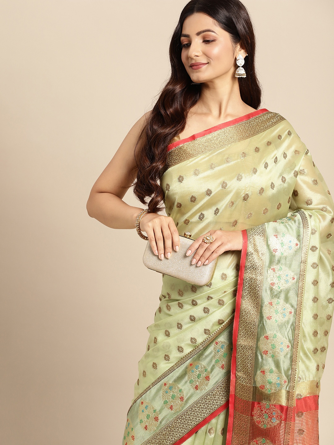 

Mitera Beige & Red Ethnic Motifs Zari Organza Kanjeevaram Saree