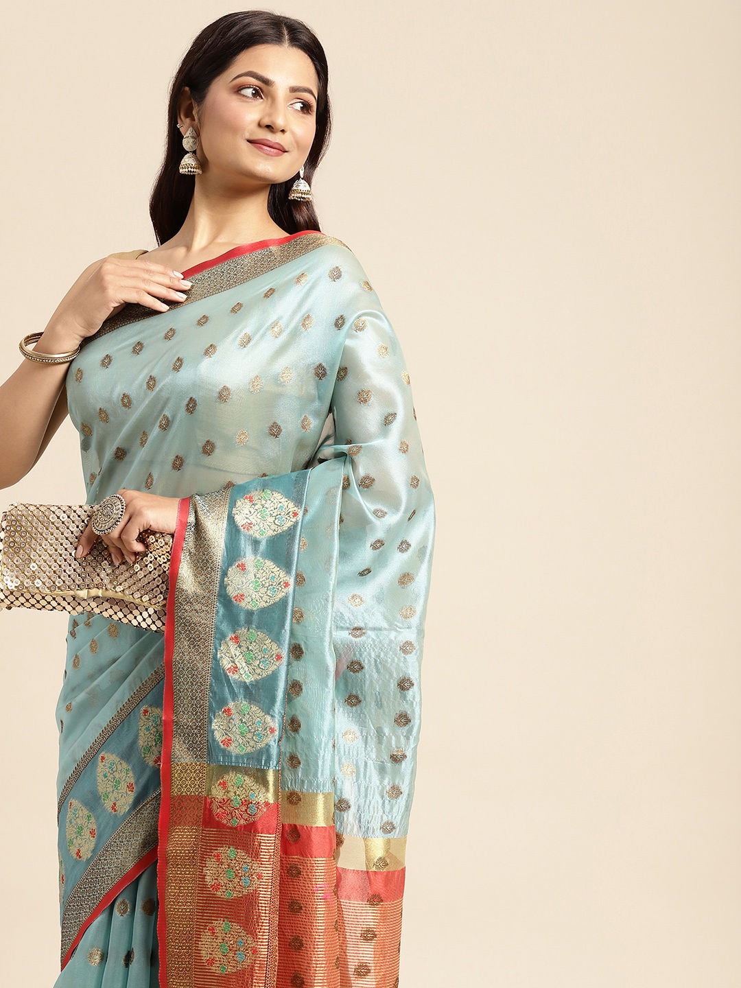 

Mitera Blue & Golden Ethnic Motifs Zari Organza Kanjeevaram Saree