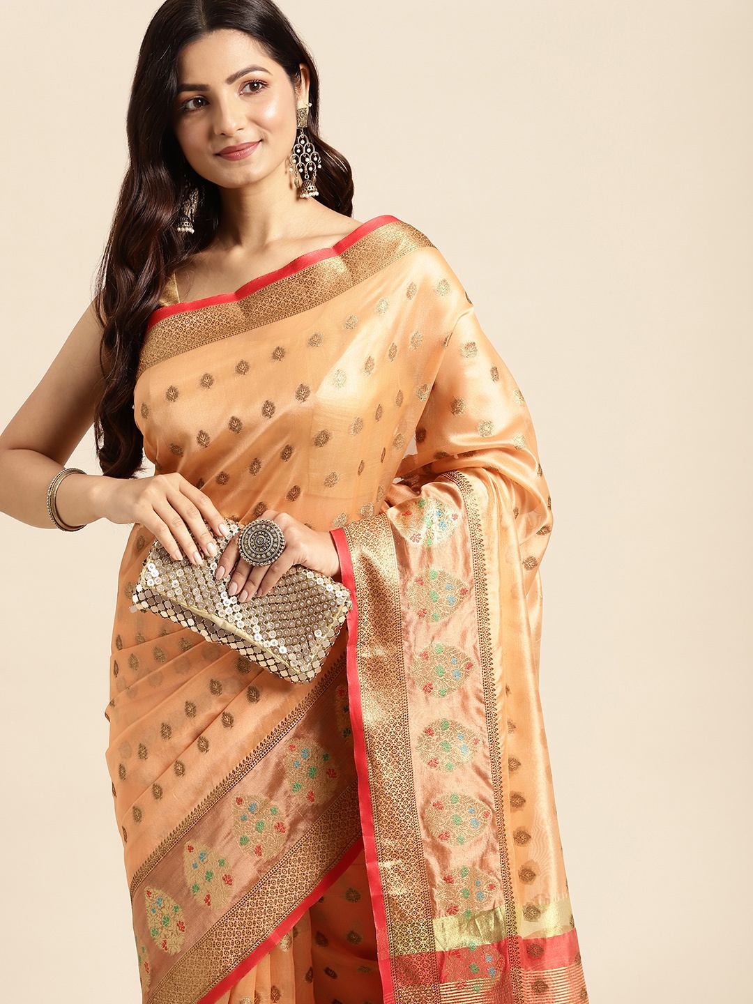 

Mitera Peach & Golden Ethnic Motifs Zari Organza Kanjeevaram Saree