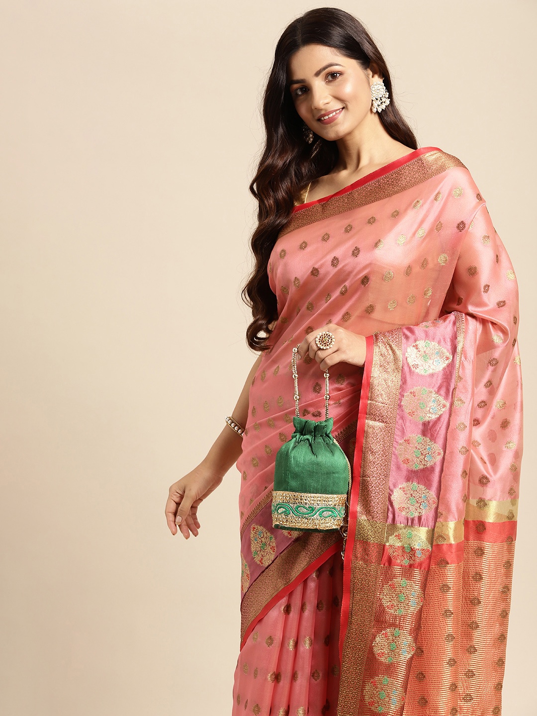 

Mitera Pink & Golden Ethnic Motifs Zari Organza Kanjeevaram Saree
