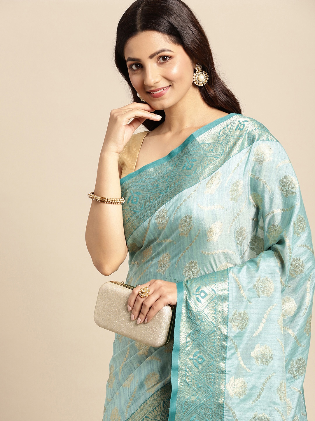 

Mitera Blue & Golden Floral Zari Silk Blend Kanjeevaram Saree