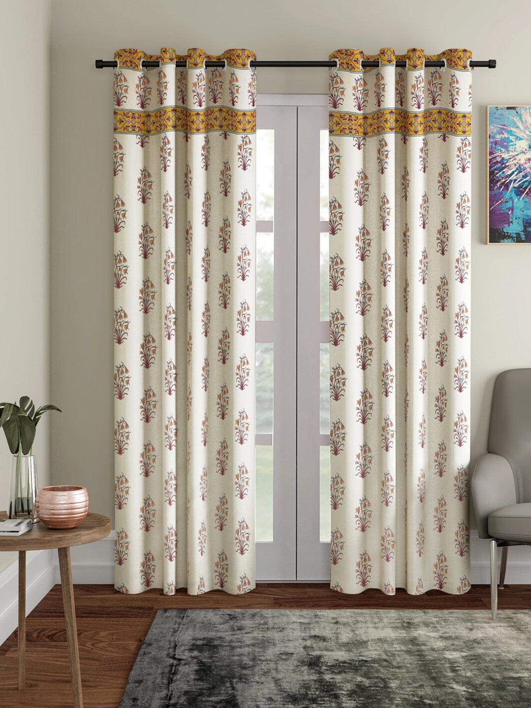 

Rajasthan Decor White & Brown Set of 2 Floral Door Curtain