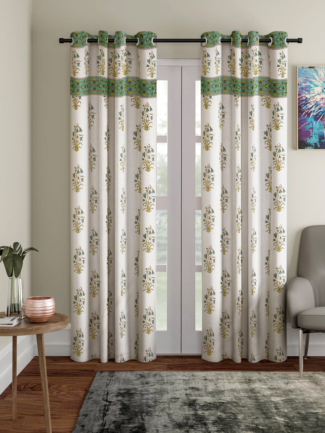 

Rajasthan Decor White & Green Set of 2 Floral Door Curtain