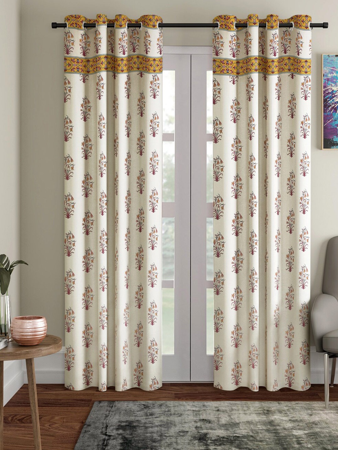 

Rajasthan Decor White & Yellow Set of 2 Floral Long Door Curtain
