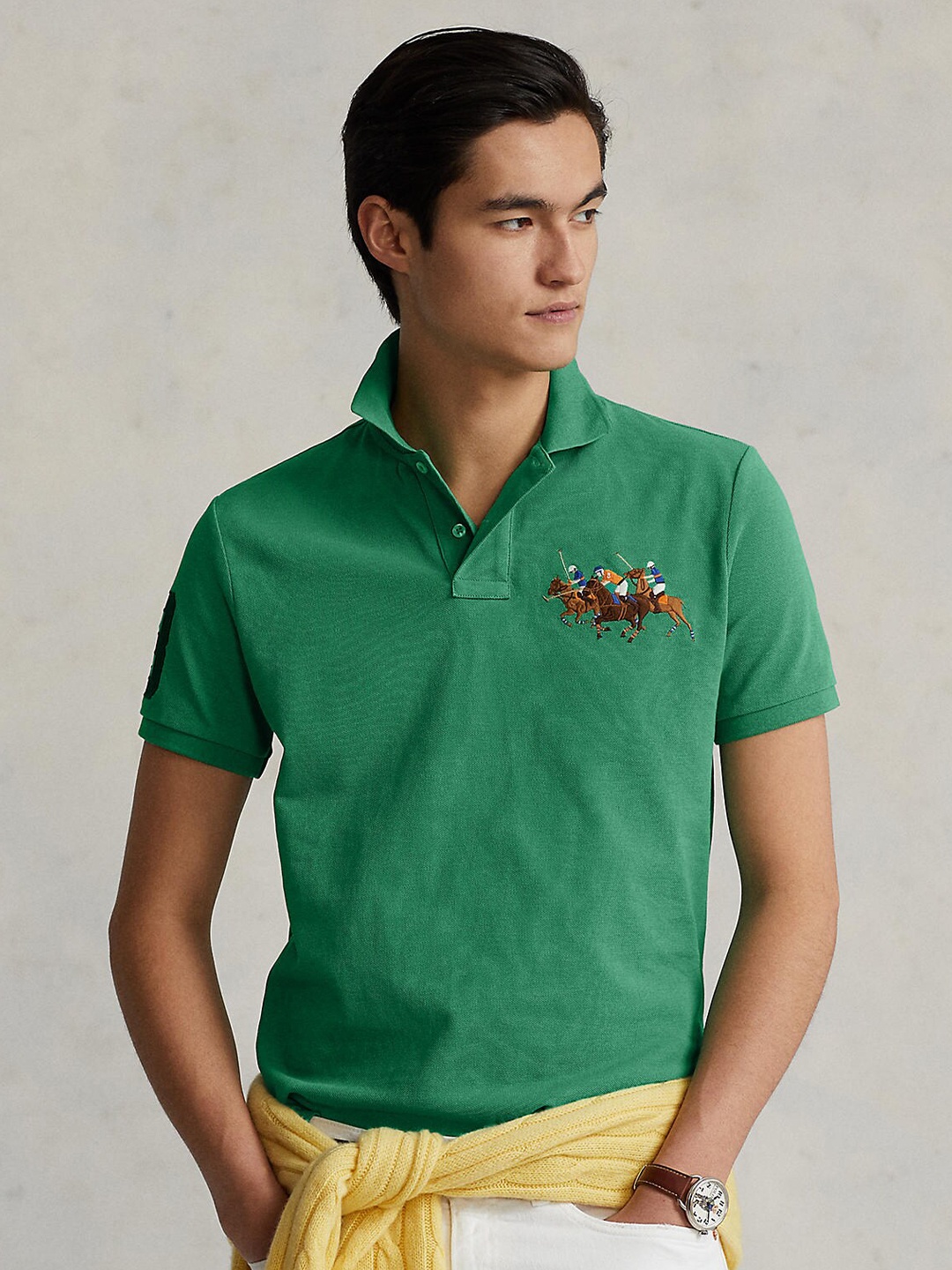 

Polo Ralph Lauren Men Green Brand Logo Embroidered Polo Collar Slim Fit T-shirt