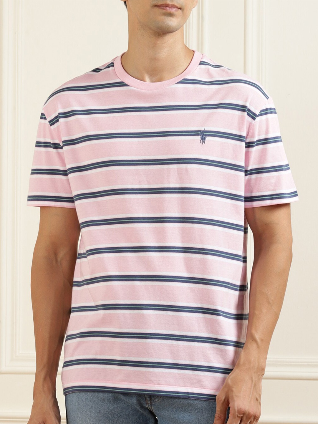 

Polo Ralph Lauren Men Pink & Navy Blue Striped Pure Cotton T-shirts