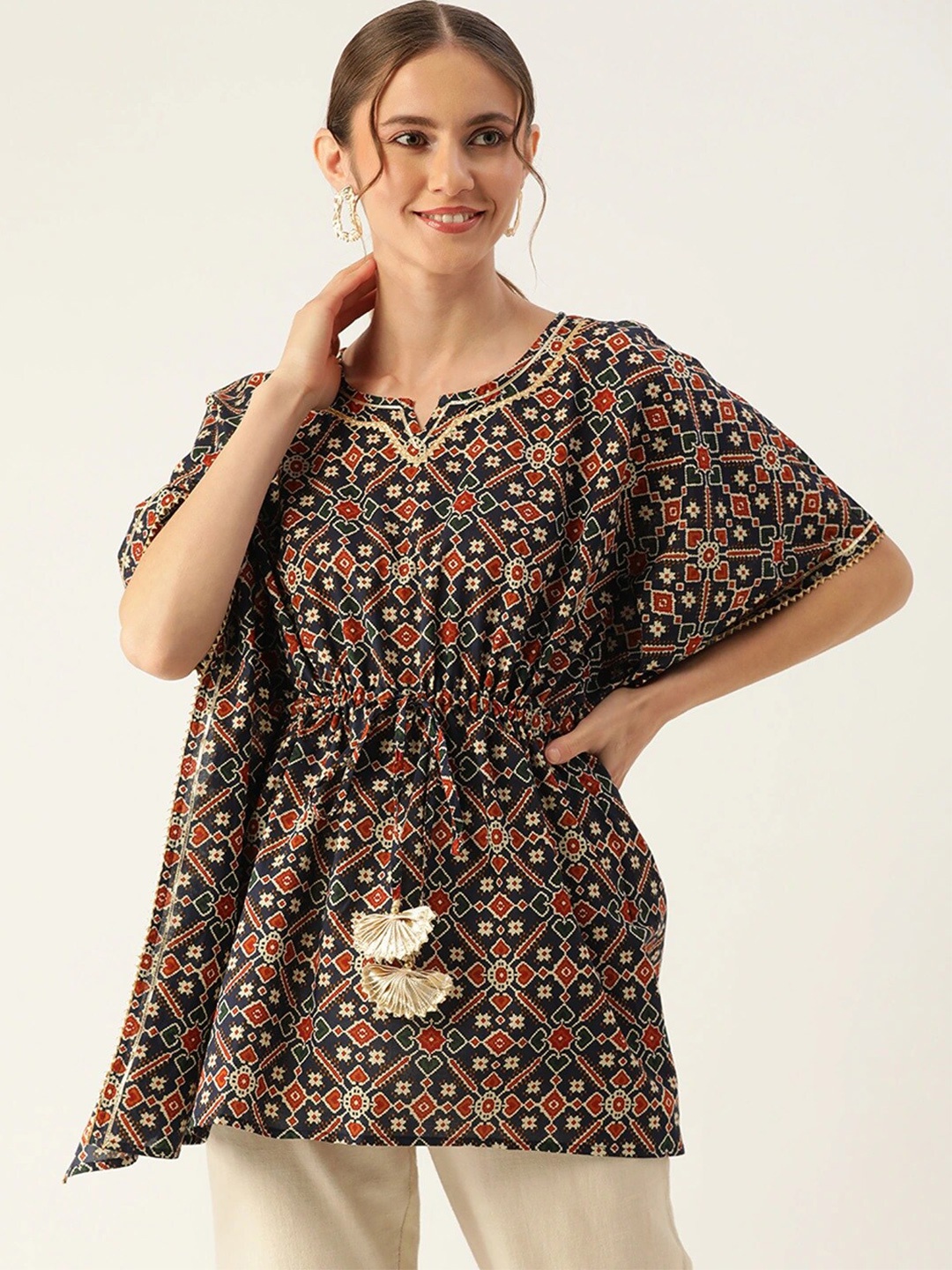 

FABRIC FITOOR Women Blue & Orange Print Pure Cotton Kaftan Top