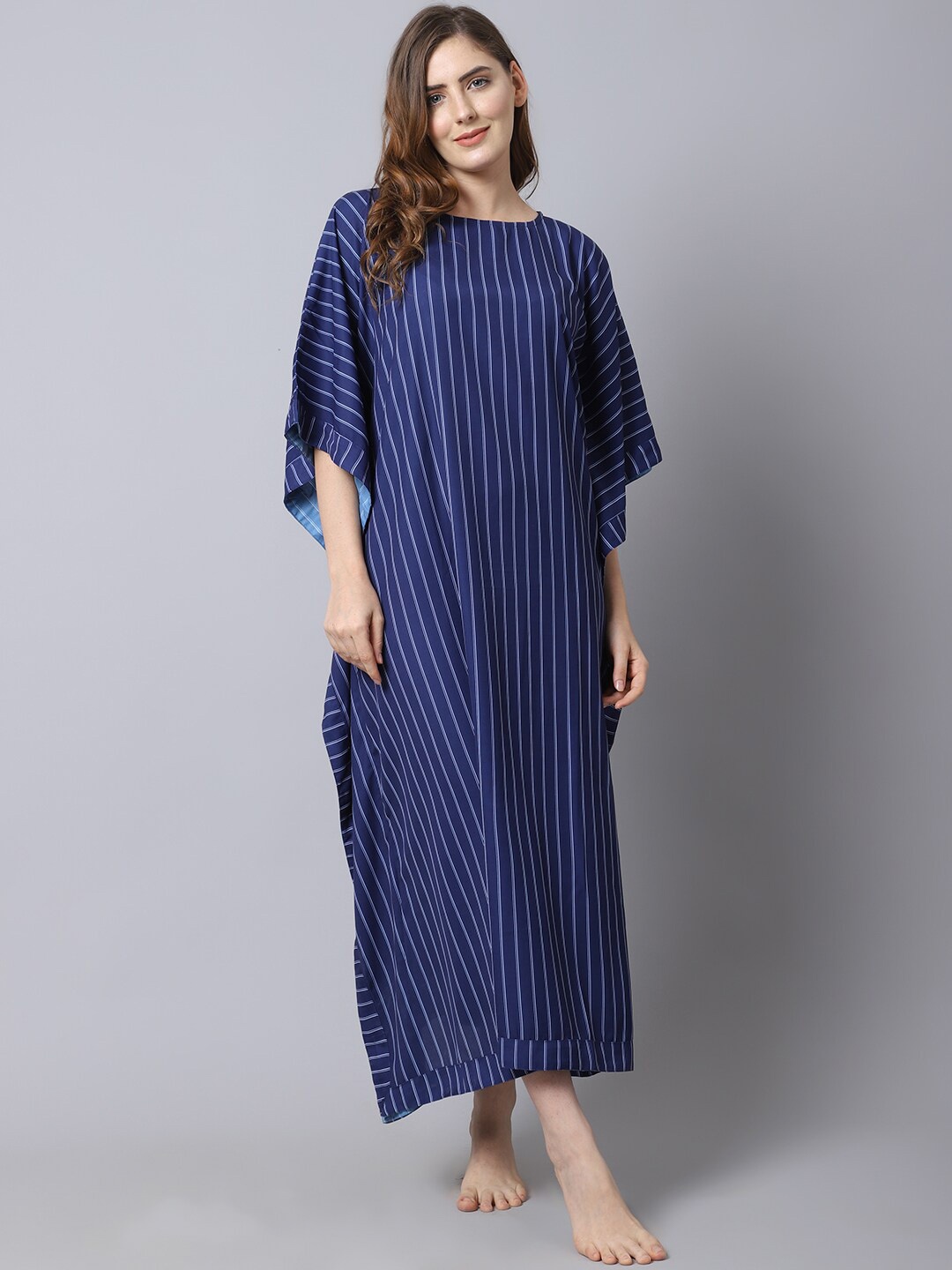 

Shararat Women Blue Striped Maxi Nightdress (Free Size)