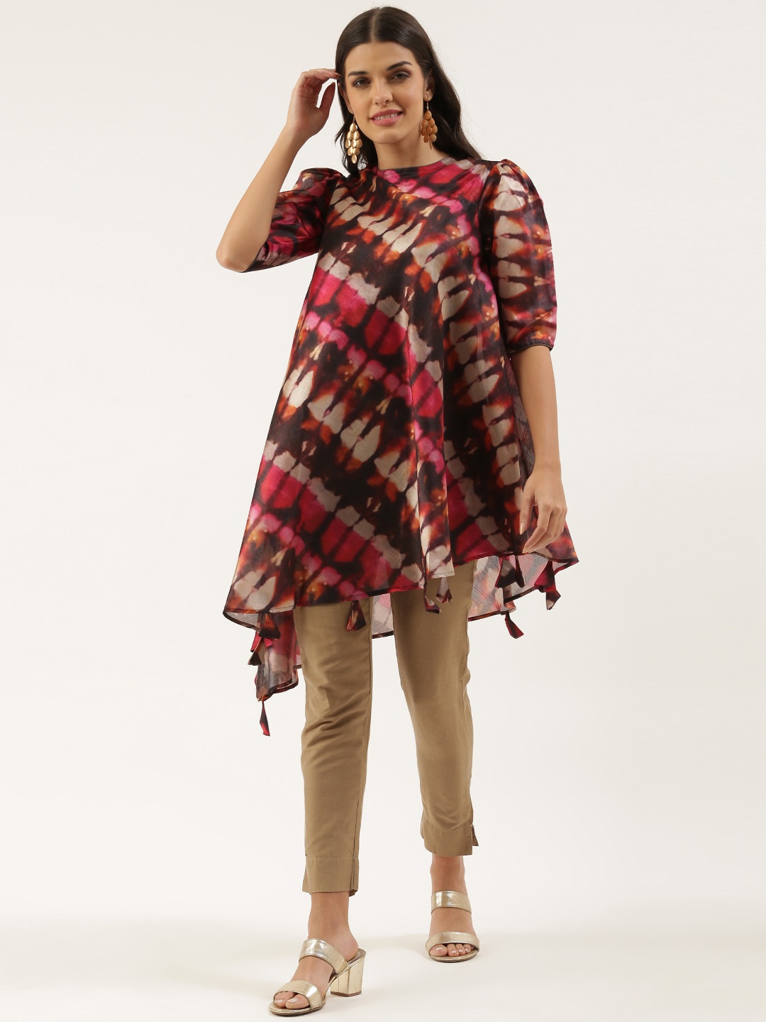 

Ethnovog Women Pink Brown Abstract Printed Asymmetric Hem A-Line Kurta
