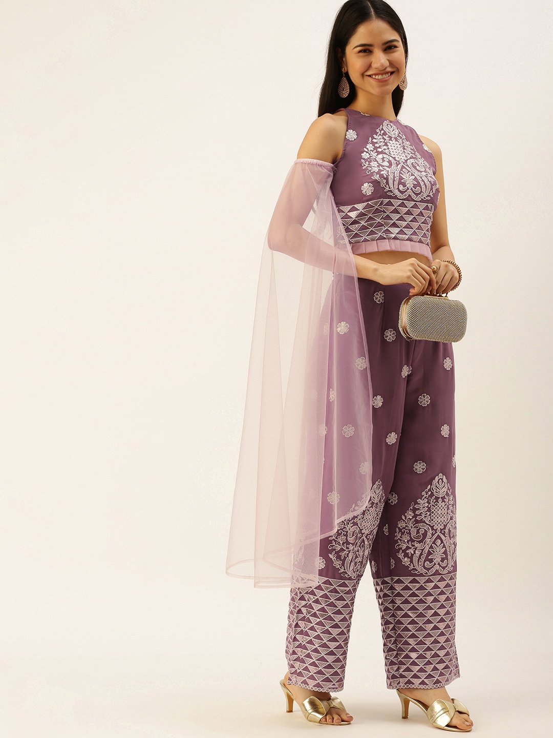 

Ethnovog Women Mauve Ethnic Motifs Embroidered Top with Palazzos