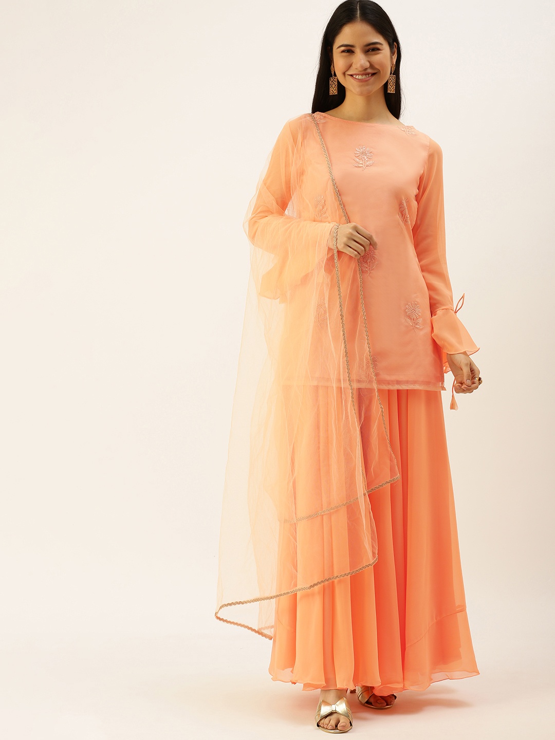 

Ethnovog Women Peach-Coloured Embroidered Kurti with Sharara Dupatta