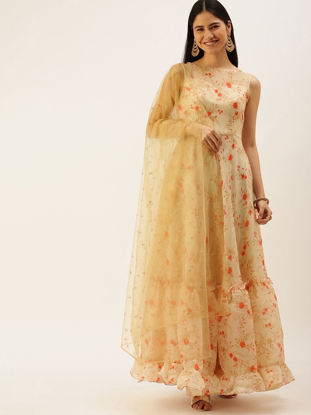 

Ethnovog Women Beige Floral Layered Kurta with Trousers Dupatta