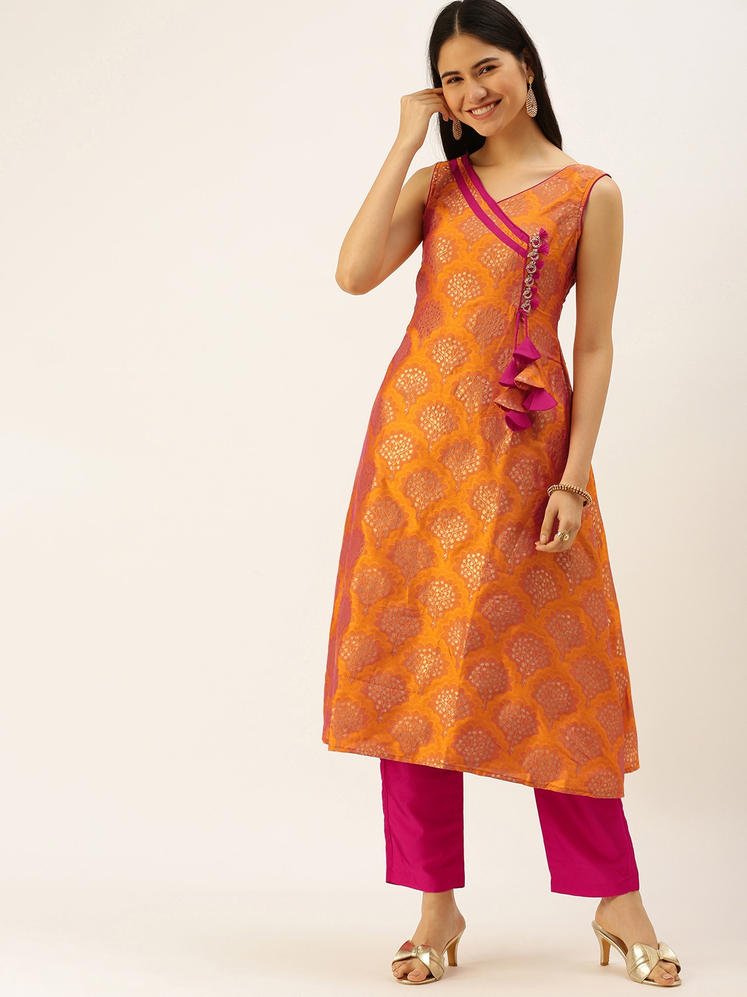 

Ethnovog Women Orange Ethnic Motifs Printed Angrakha Kurta with Trousers