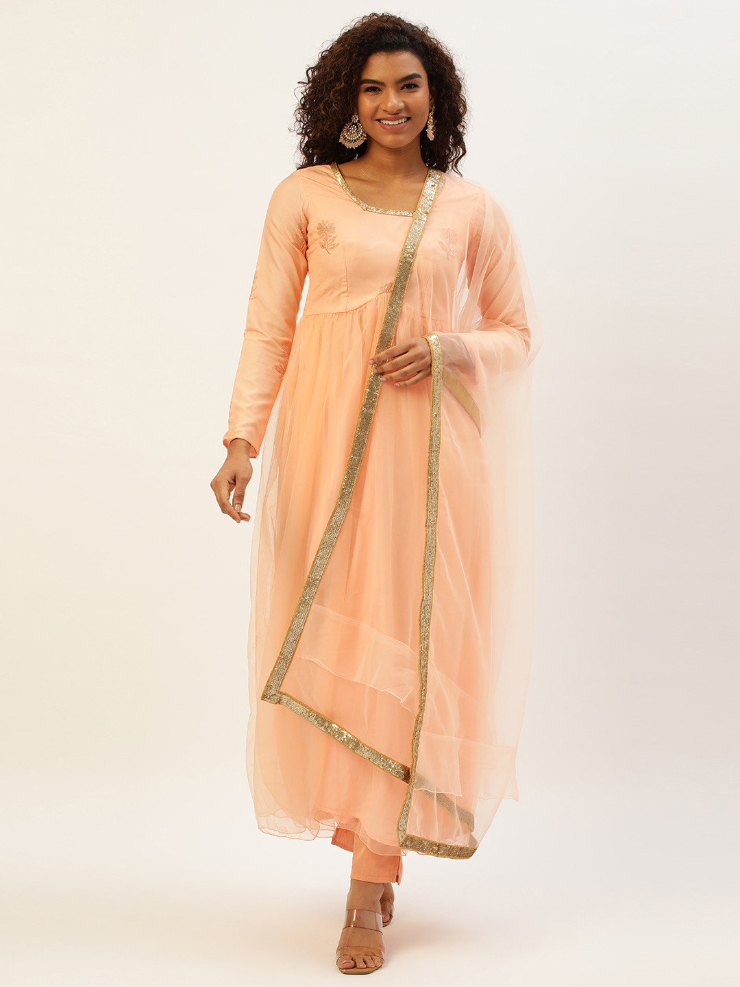 

Ethnovog Women Peach-Coloured Embroidered Empire Kurti with Trousers With Dupatta