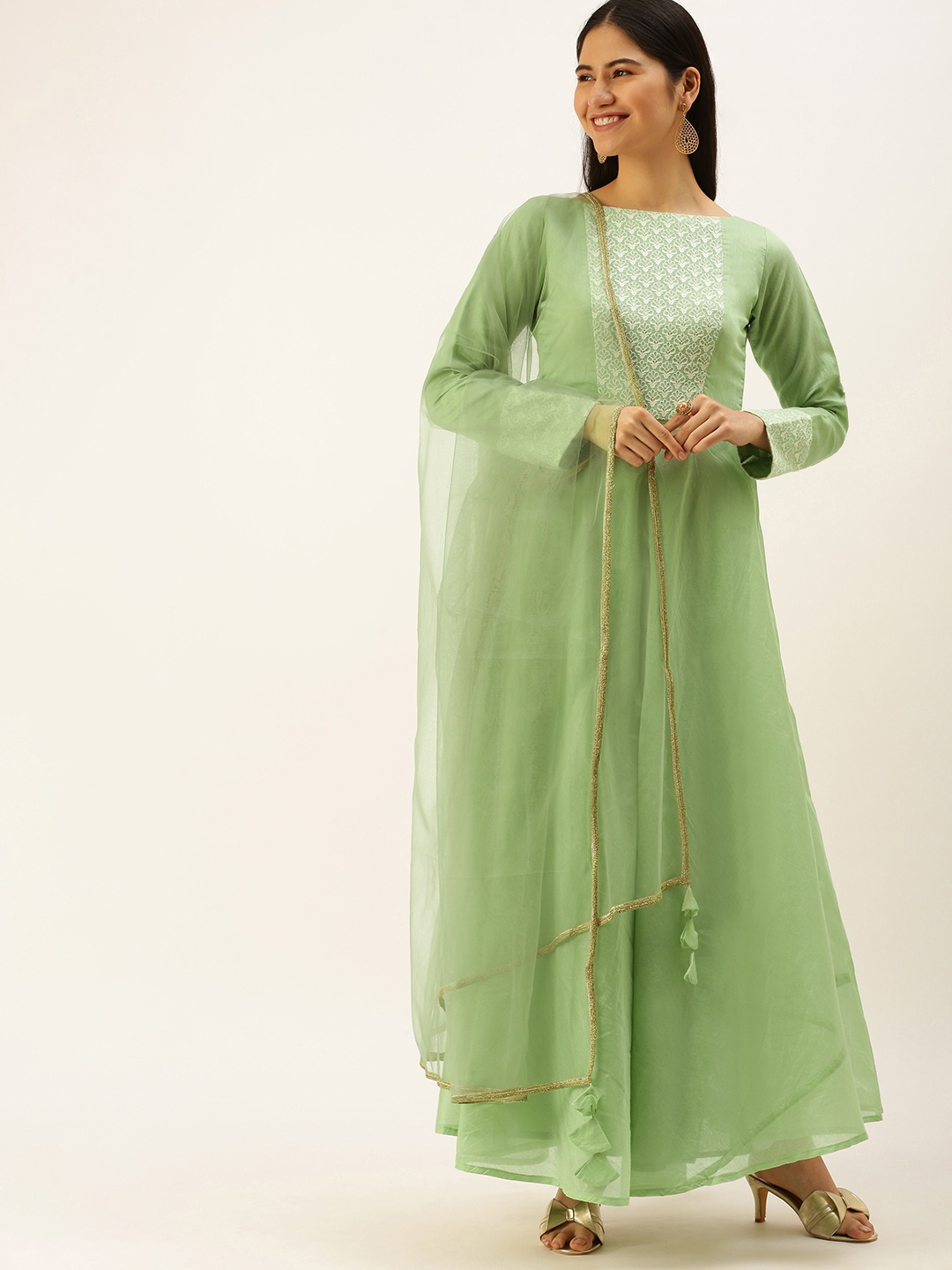 

Ethnovog Women Green Embroidered Kurta with Trousers With Dupatta