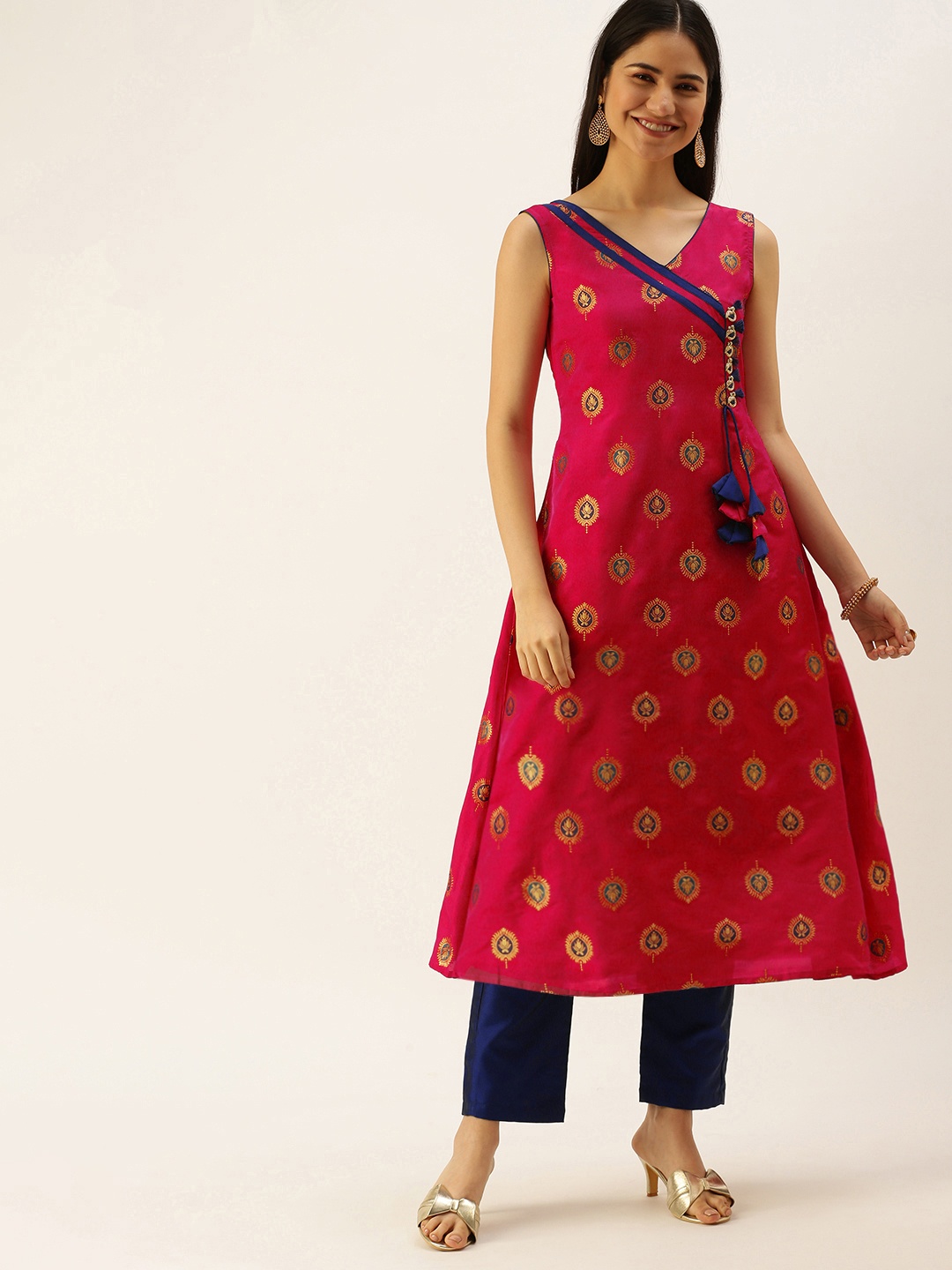 

Ethnovog Women Pink Ethnic Motifs Printed Angrakha Kurta with Trousers