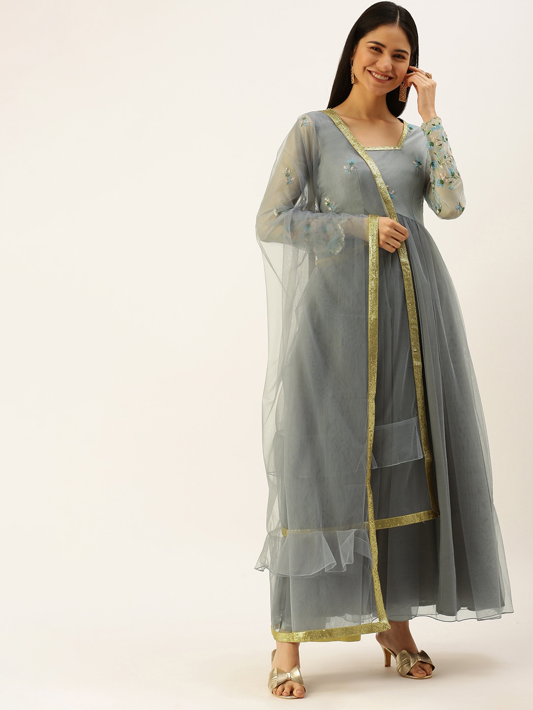 

Ethnovog Women Grey Floral Embroidered Kurta with Trousers Dupatta