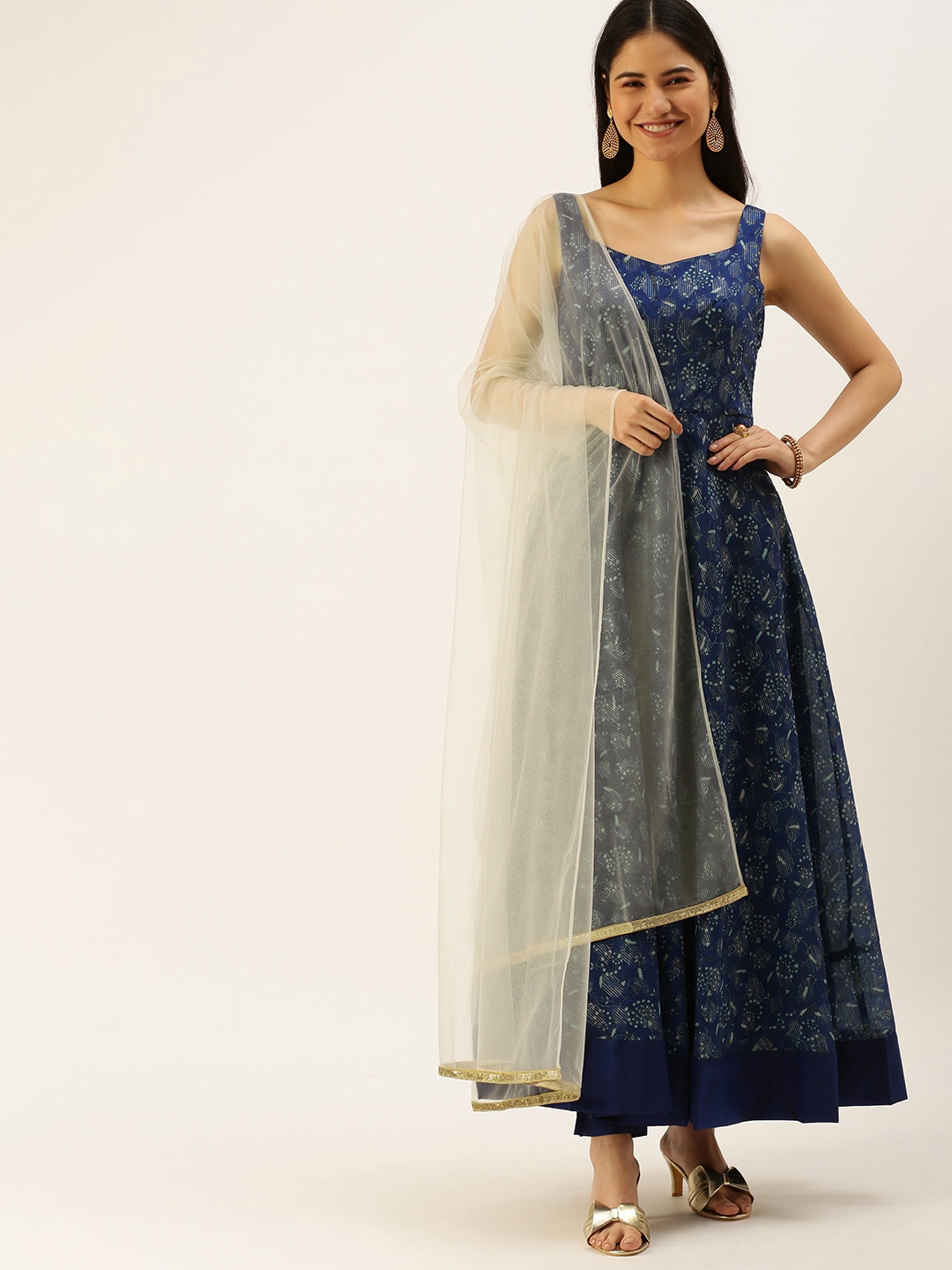

Ethnovog Women Navy Blue Ethnic Motifs Printed Kurta with Trousers With Dupatta