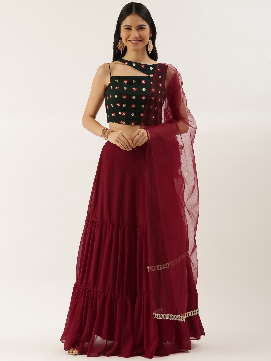 

Ethnovog Maroon Green Embellished Sequinned Made to Measure Lehenga Blouse With Dupatta