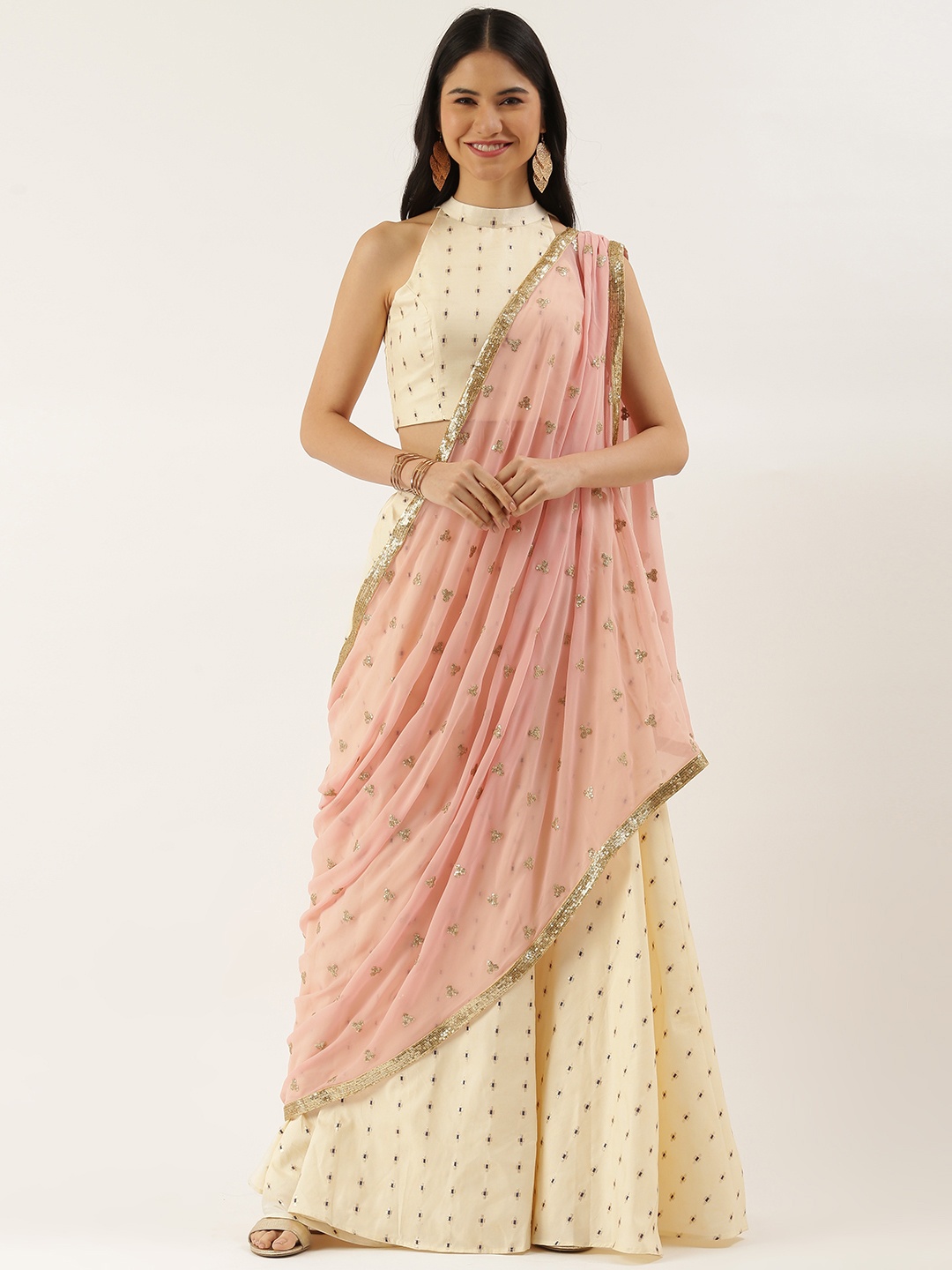 

Ethnovog Cream-Coloured Gold-Toned Sequinned Made to Measure Lehenga Blouse With Dupatta