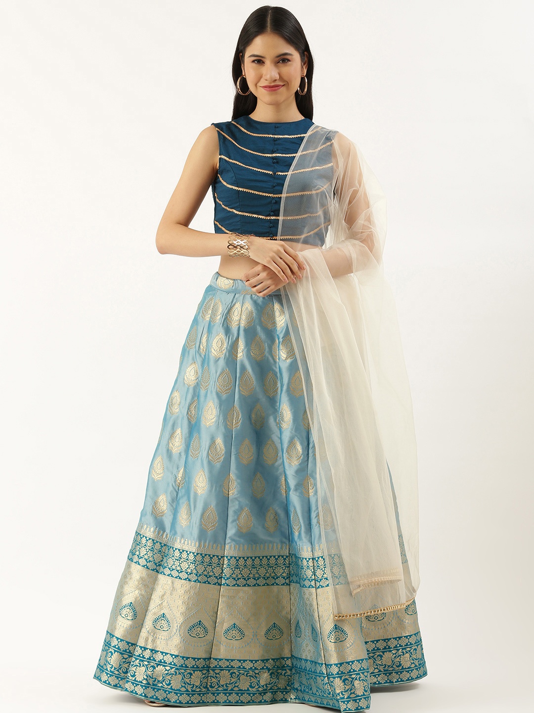 

Ethnovog Blue Gold-Toned Embellished Made to Measure Lehenga Blouse With Dupatta