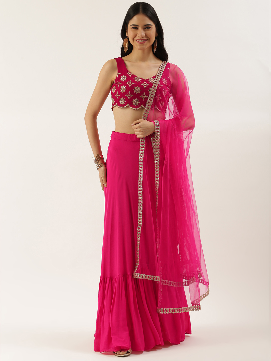 

Ethnovog Pink Gold-Toned Embellished Sequinned Made to Measure Lehenga Blouse With Dupatta