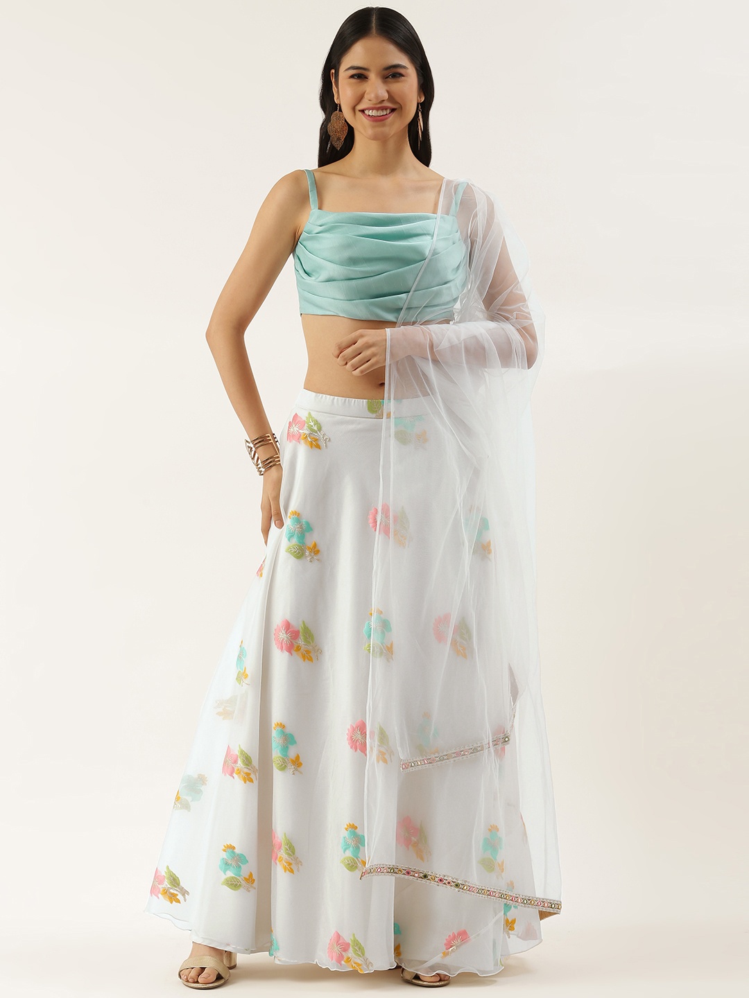 

Ethnovog Green Off White Thread Work Made to Measure Lehenga Blouse With Dupatta