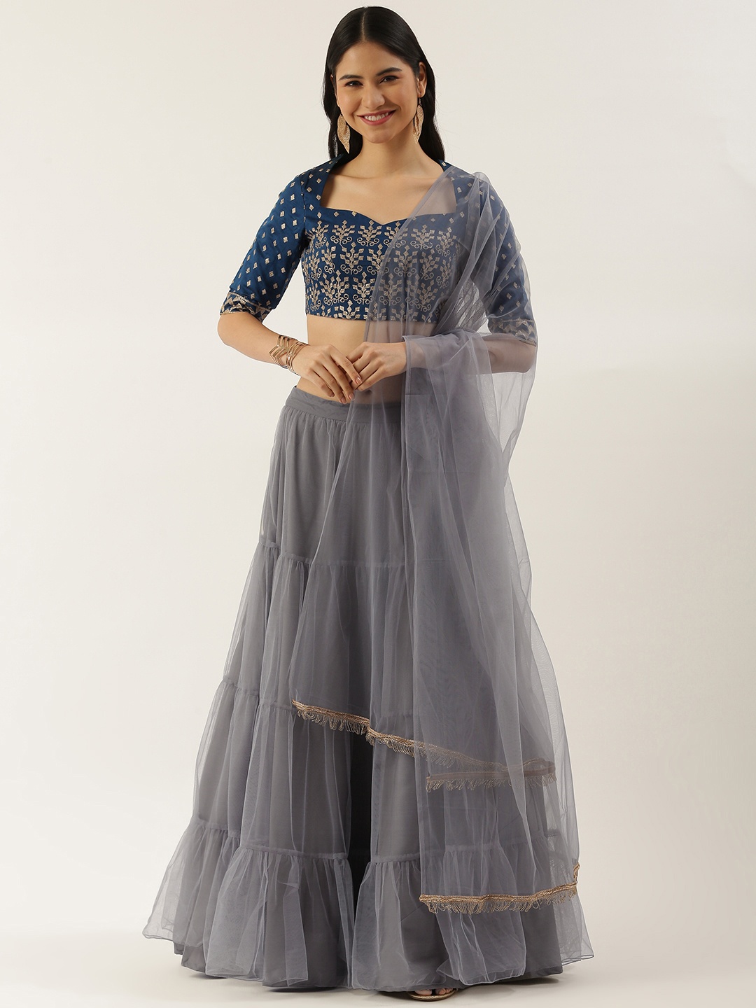 

Ethnovog Blue Grey Embroidered Thread Work Made to Measure Lehenga Blouse With Dupatta