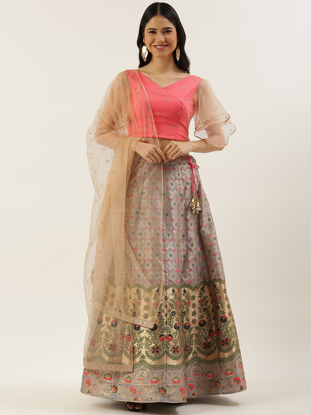 

Ethnovog Grey Gold-Toned Embellished Sequinned Made to Measure Lehenga Blouse With Dupatta