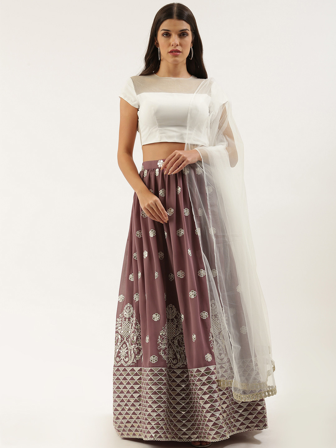 

Ethnovog White Mauve Made to Measure Lehenga Blouse With Dupatta