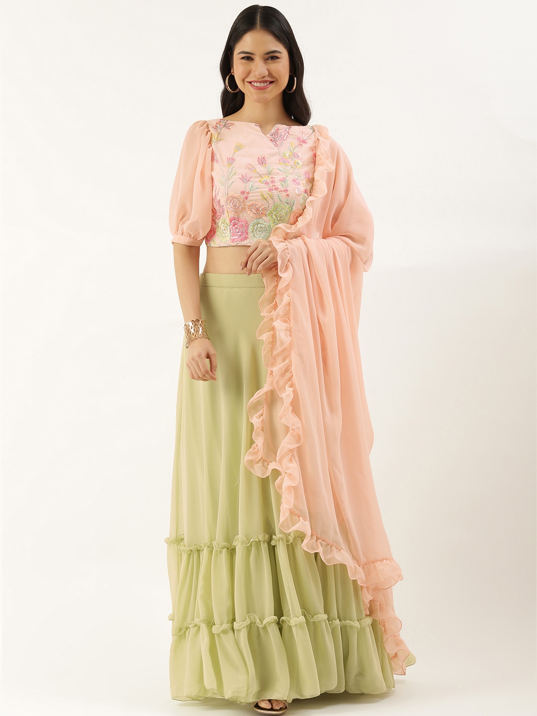 

Ethnovog Peach-Coloured Green Embellished Sequinned Made to Measure Lehenga Blouse With Dupatta