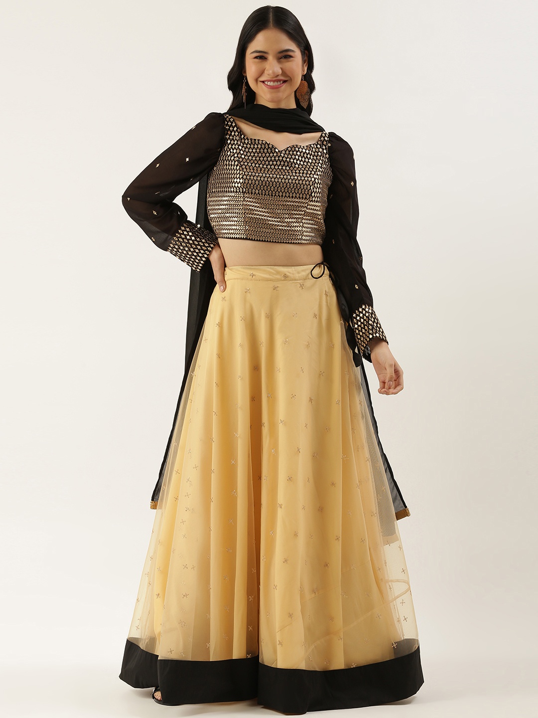 

Ethnovog Beige Black Embellished Sequinned Made to Measure Lehenga Blouse With Dupatta