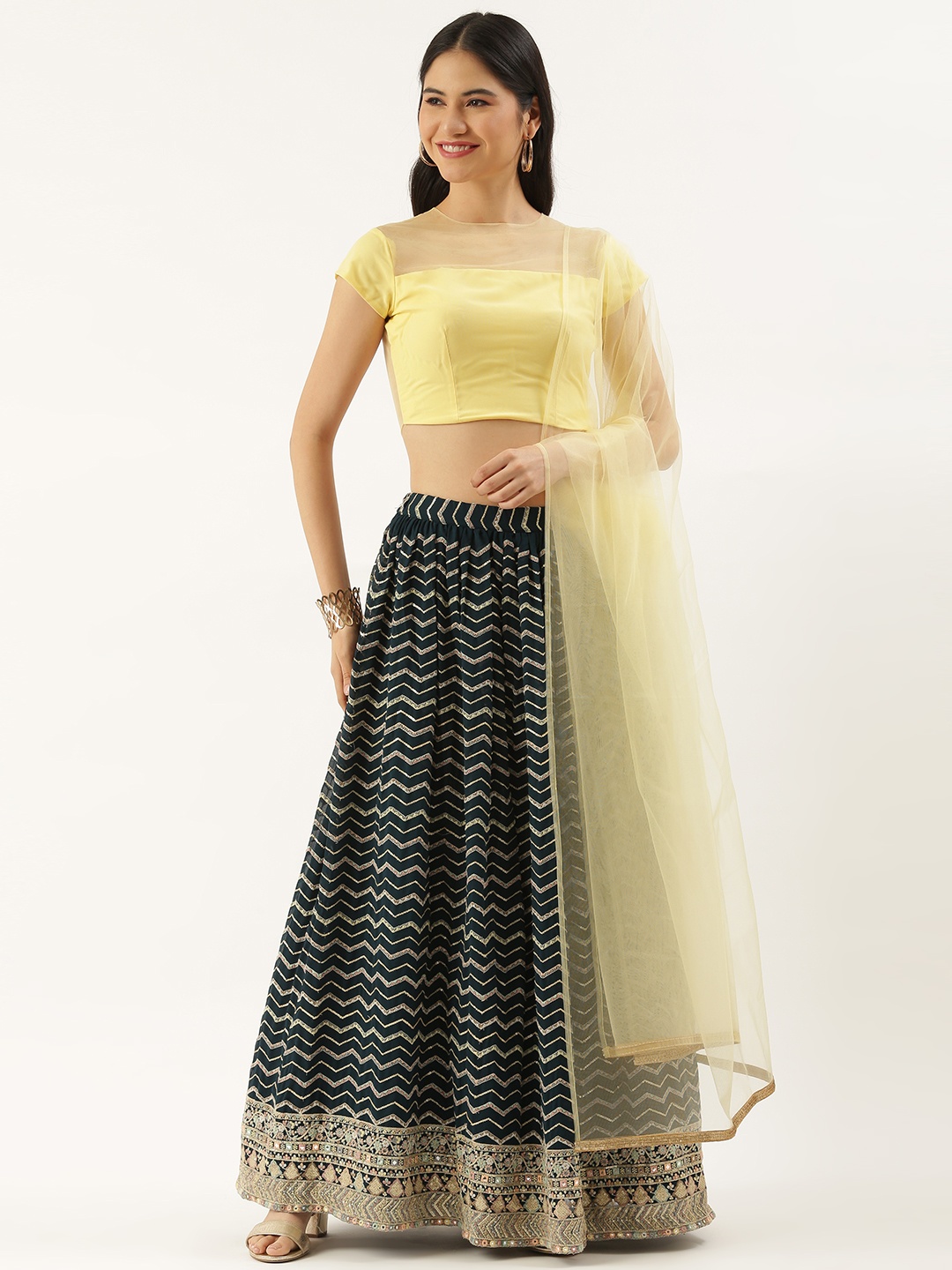 

Ethnovog Yellow Green Sequinned Made to Measure Lehenga Blouse With Dupatta